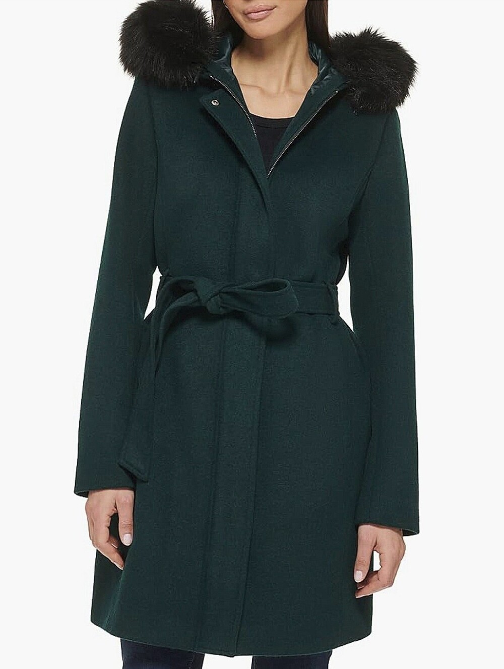 Cole Haan Womens Green Wool blend Belted Coat 12 Faux Fur Hood Winter